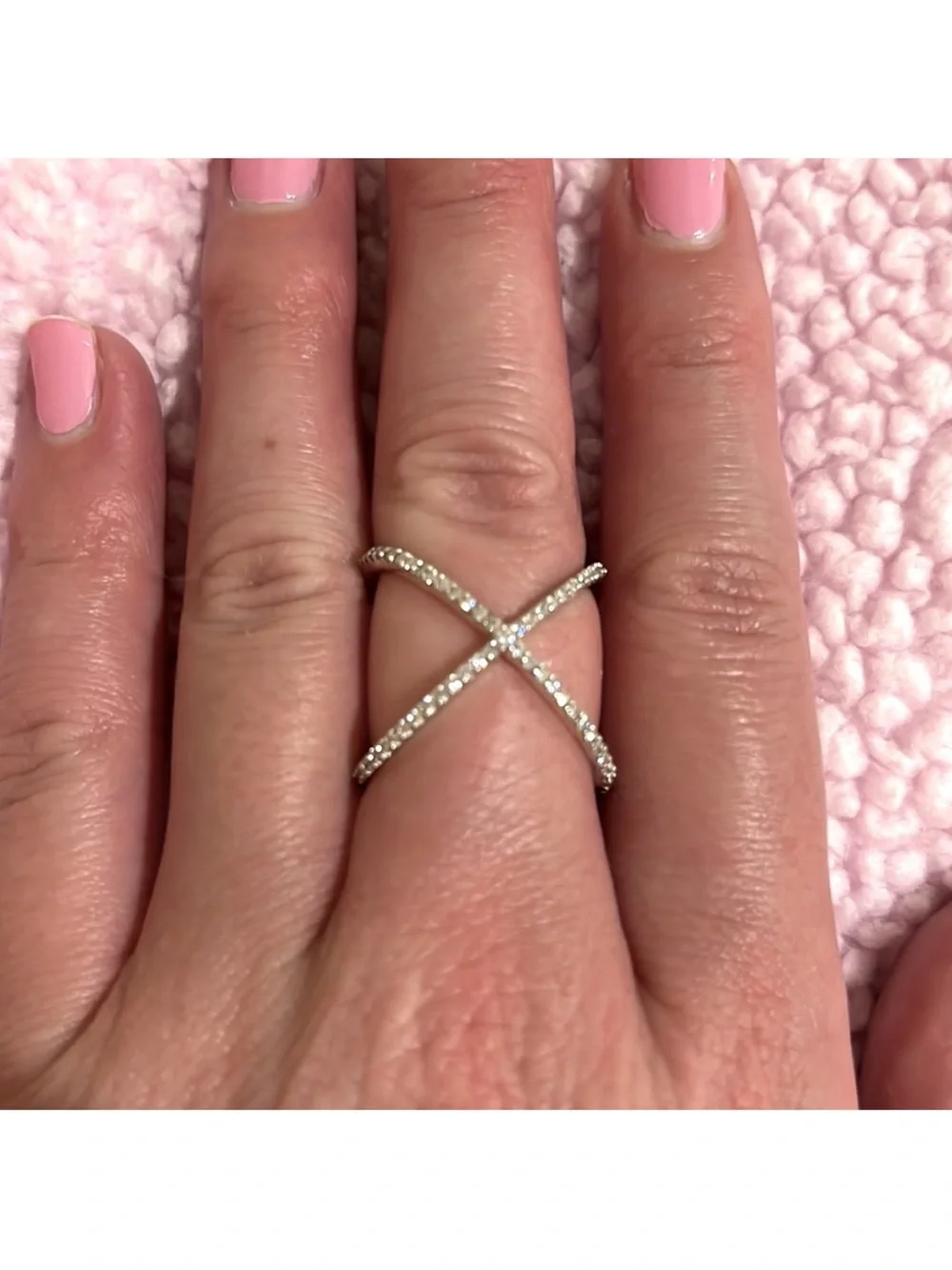 Delicate Crossed Band Ring in Silver with Pavé Crystals